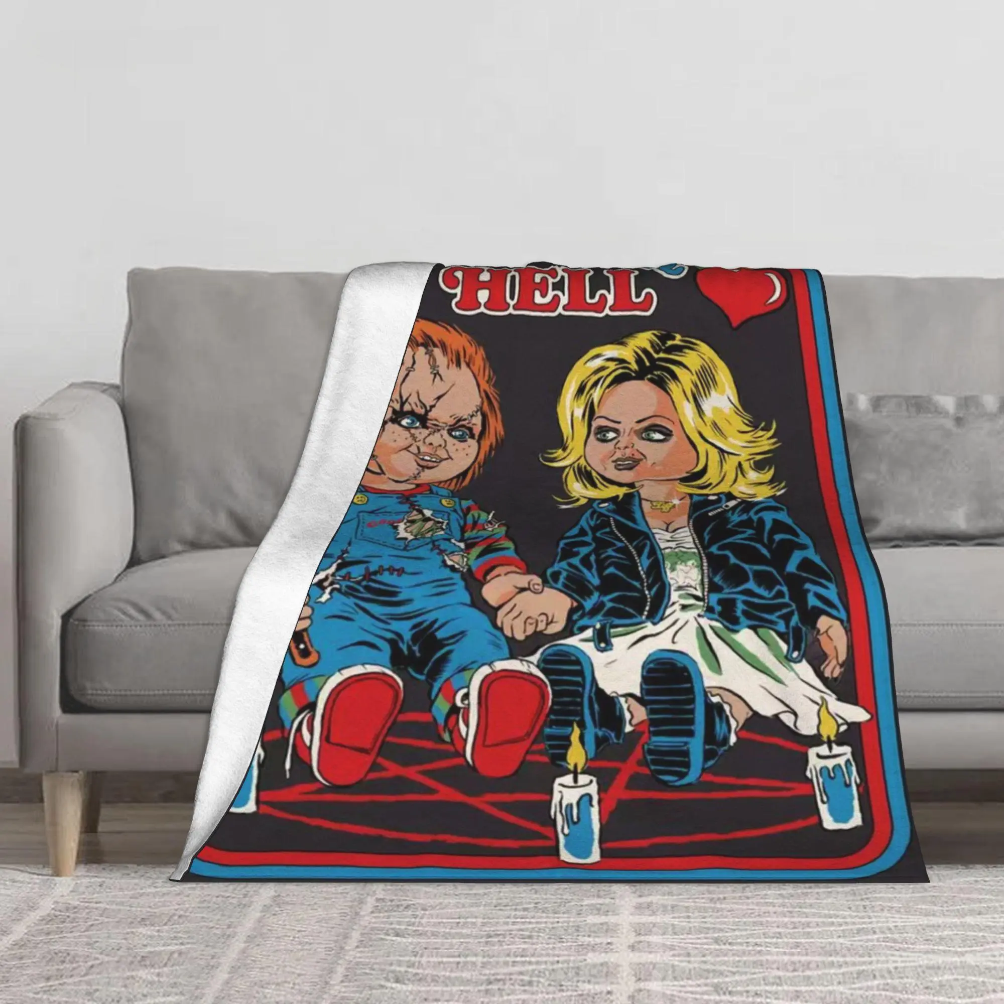 Chucky and Tiffany Bride of Chucky Retro Comic Style Flannel Fleece Throw Blanket, Child’s Play Cult Horror Movie Character Print Soft Warm Bed Couch Blanket, Multiple Sizes Available, Ships From USA For Horror Movie Fans