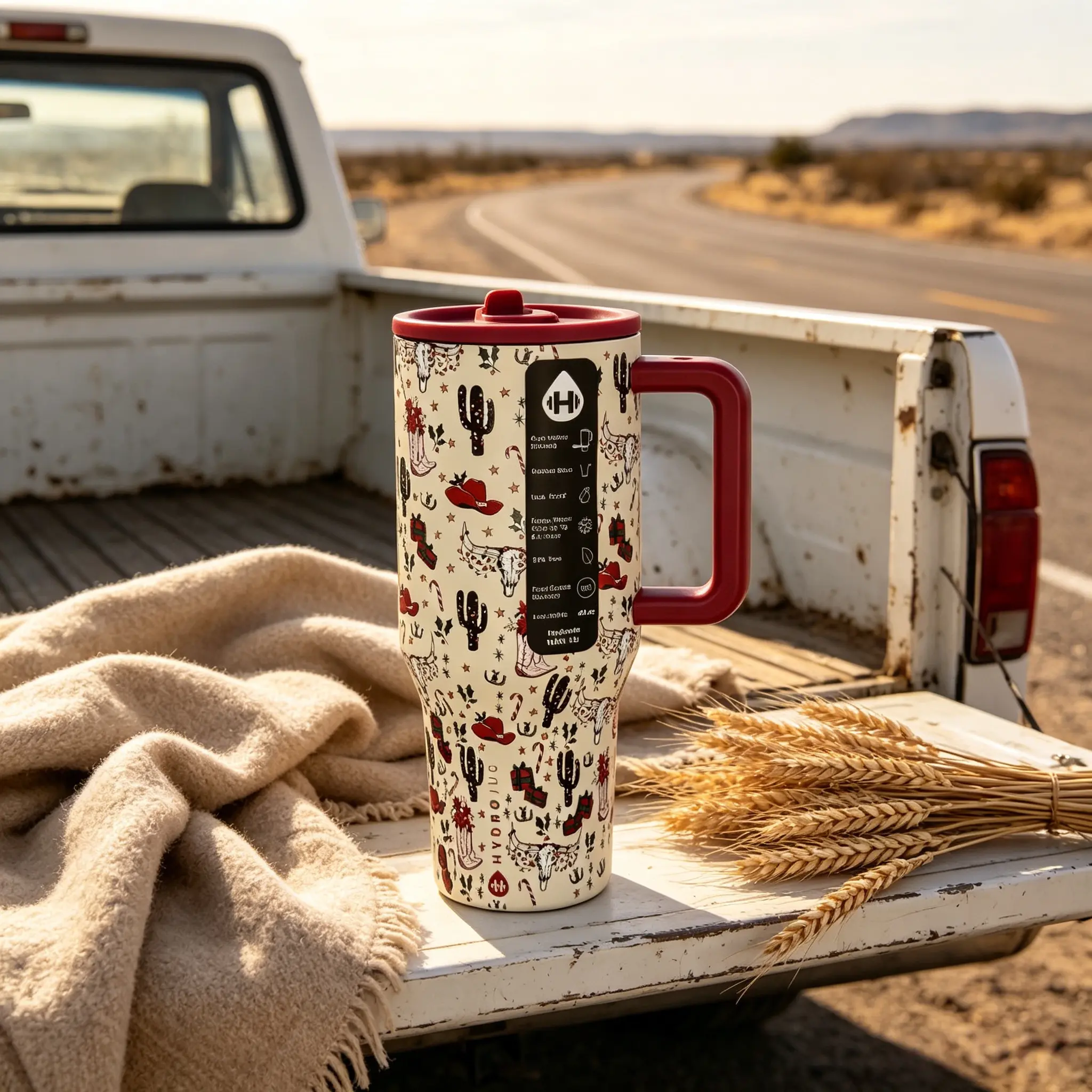 HydroJug 40oz Western Christmas Cowboy Cactus Pattern Stainless Steel Insulated Coffee Tumbler - Handle, 24hr Cold Insulation, Leak-Proof Straw Lid, Cup Holder-Friendly, BPA-Free 1000-2000ml Flask for Car, Gym, Holiday Gift