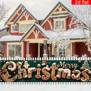 1pc Christmas party banner, made of polyester material, with a green Christmas background picture, suitable for indoor and outdoor decoration, festival decoration, Christmas party decoration, and courtyard decoration, Party Decorations Banners