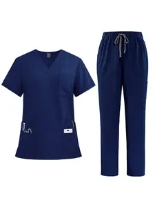 Women's Solid Color V Neck Top & Pants Scrubs Set, Drawstring Waist Pants Scrub Set for Women, Summer Breathable Work Uniforms