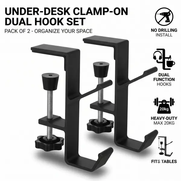 2PCS Desk Hook, Under Desk Handbag Hanger Purse Hook for Table,Backpack Hanger Purse Holder for Desk Adjustable Can Hook Bags, Umbrellas,Headphone Holder(2Black) Hangable Lightweight Traditional Lightweight Organiser Kitchen