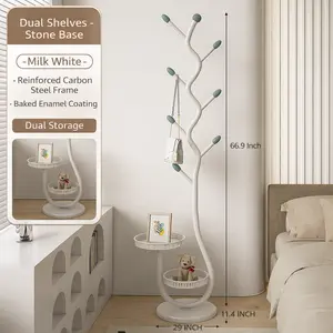 Space-Saving Coat Rack with Storage Tray, Heavy-Duty White & Gold Clothes Tree Stand, Multi-Level Jacket & Bag Organizer for Entryway, Bedroom, Dorm