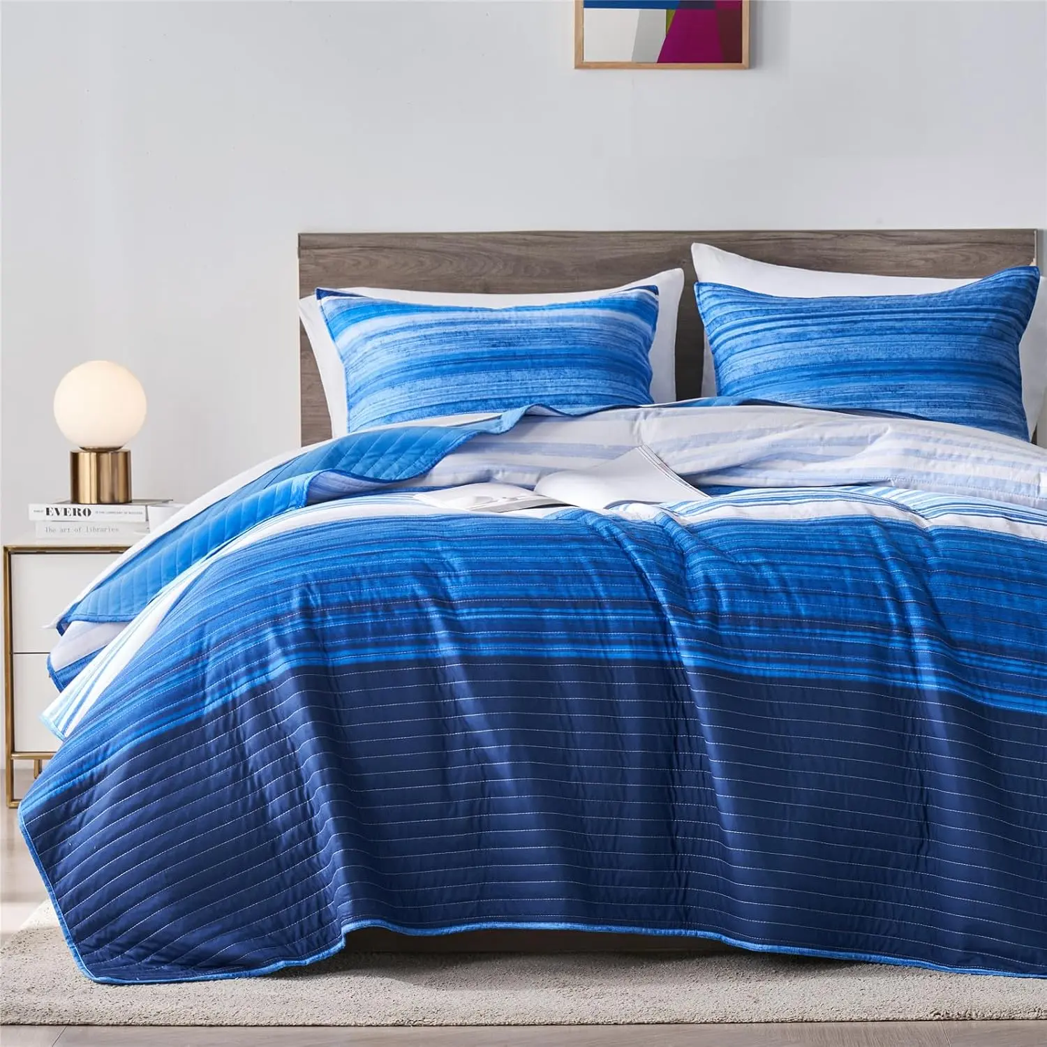 Full/ Quilt Bedding Set, White and Blue Patchwork Striped Quilt Set, 2 count Soft Lightweight Bedspread Coverlet Set with 1 Pillow Sham(Blue,)
