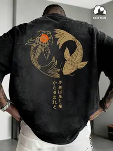 Men's Pure Cotton Oversized Koi Fish T-Shirt, Japanese Cultural Street Style Vintage Washed Short Sleeve, Summer with Koi Print
