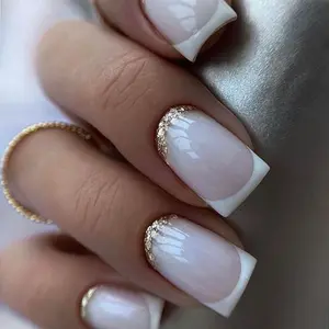 1 Box Short Square Glitter French Style Press On Fake Nail With Mini Nail File & Jelly Tabs & Stick