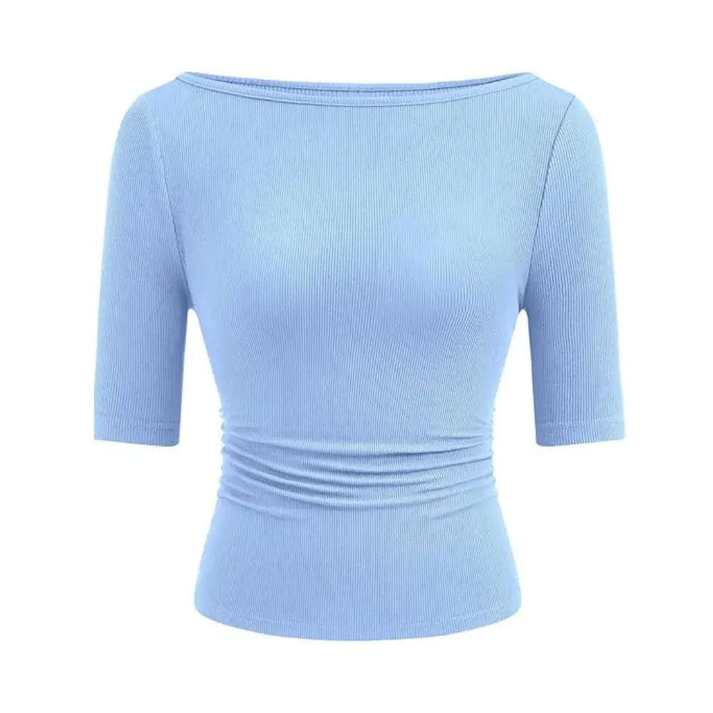 PRETTYGARDEN Womens Summer Short Sleeve Tops Boat Neck Ribbed Knit Slim Fit T Shirt Casual Basic Top Spring Clothes