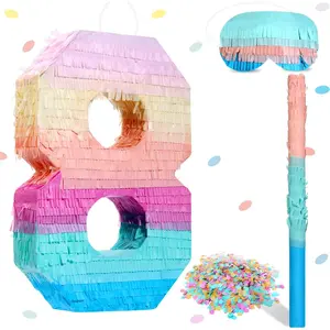 16 Inch Number Piñata Kids Birthday Party Macaron Piñata with Blindfold Stick and Confetti for Unicorn Birthday Wedding Baby Shower Decor(Number 8)