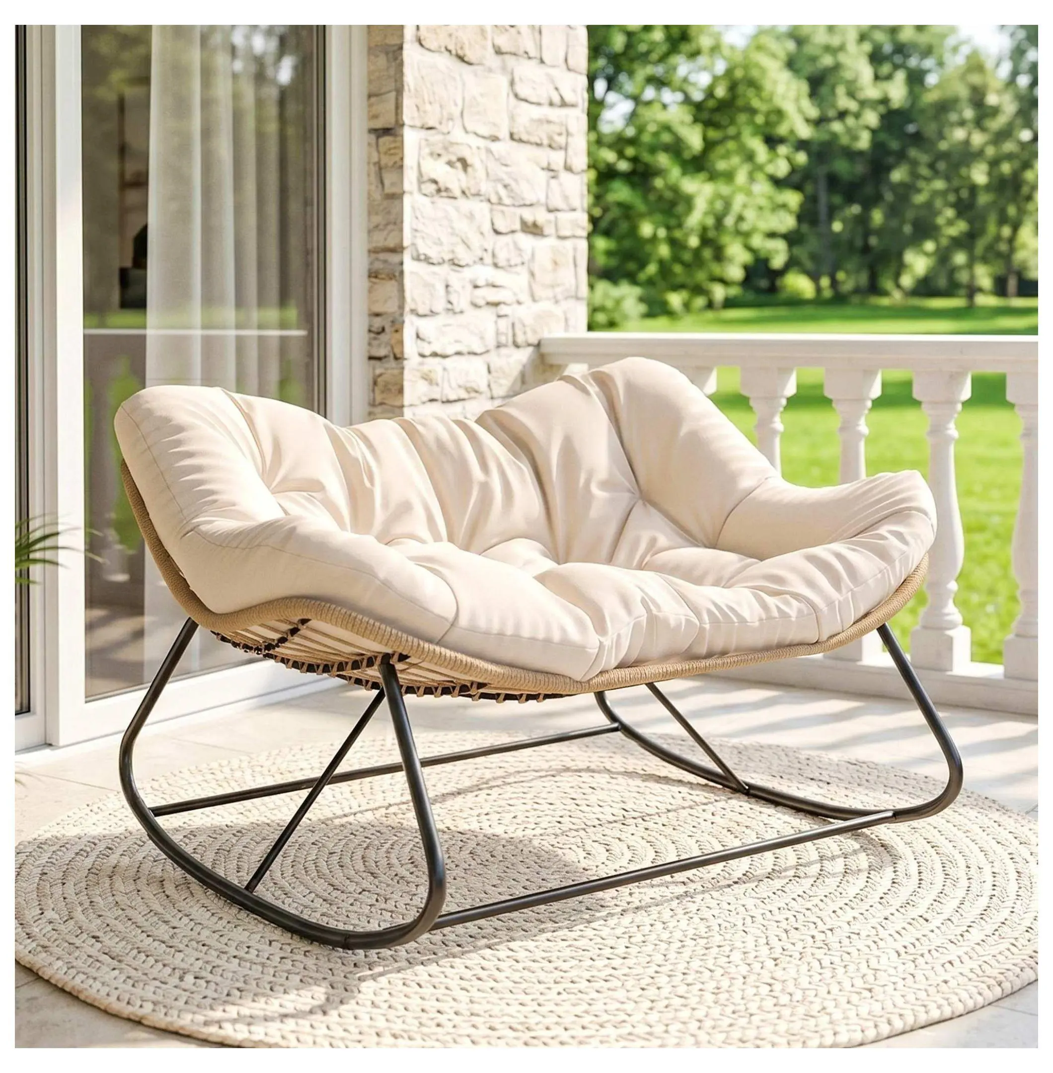 Double Papasan Rocking Chair, Oversized Egg Chair with Cushion for Patio, Garden, Cream White