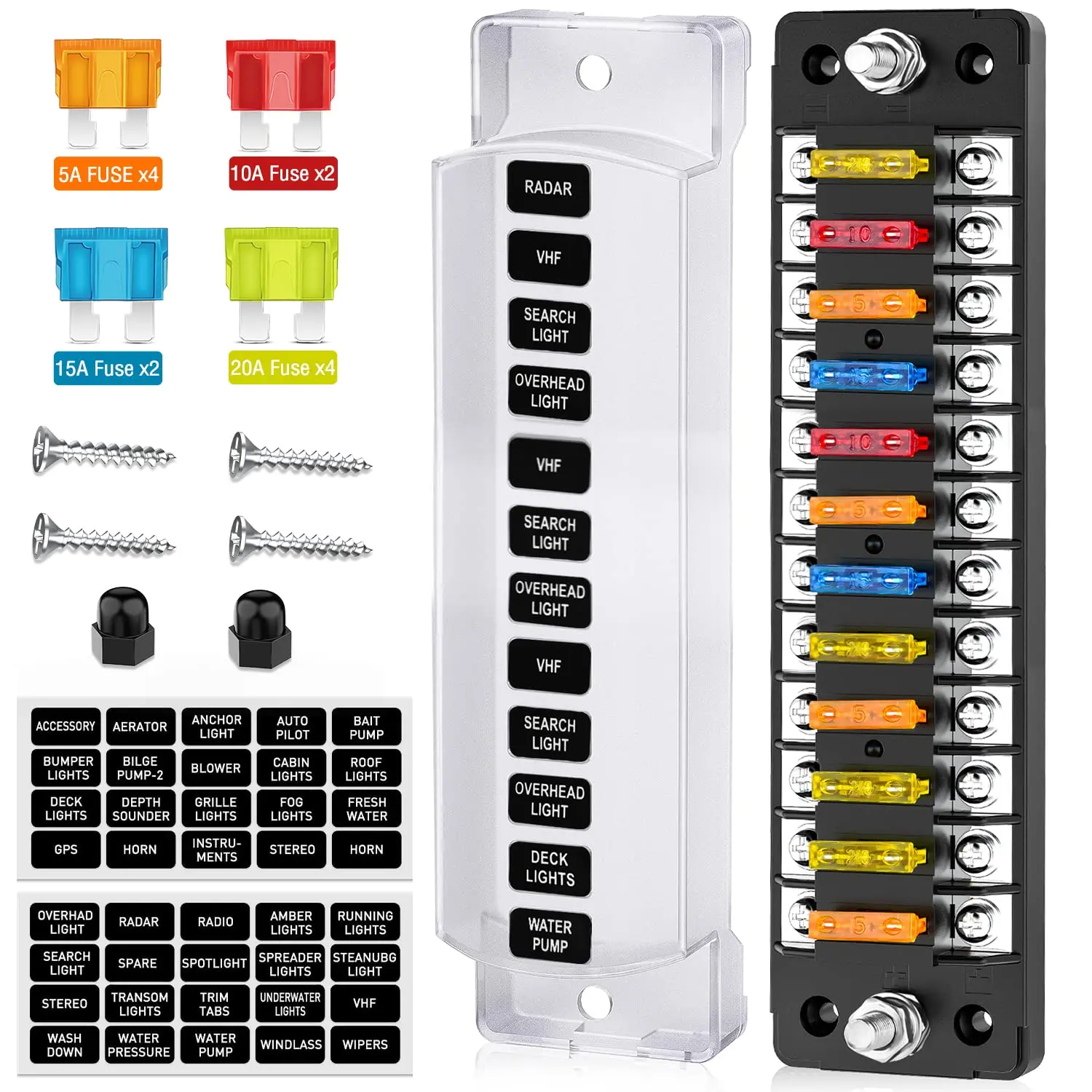 Nilight 12-Way Stainless Steel & Copper Fuse Block with Negative Bus, 10V-32V ATC/ATO Blade Holder, Waterproof Dustproof Box, DIY Label Stickers & Screw for Automotive Cars, Trucks