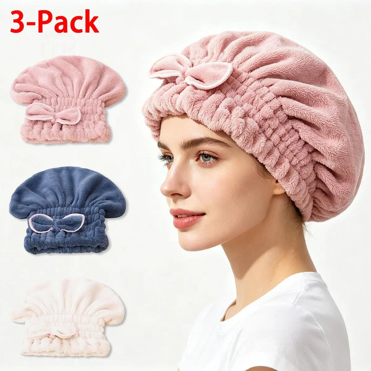 Women's Fashion Accessory Microfiber Hair Turban Wrap 3-Pack - Water-Absorbent Quick-Dry Hat Cover, 1-Size Bow Design Towel Cap for Long & Curly Wet Hair, Summerwins Spring Glow-Up Accessory