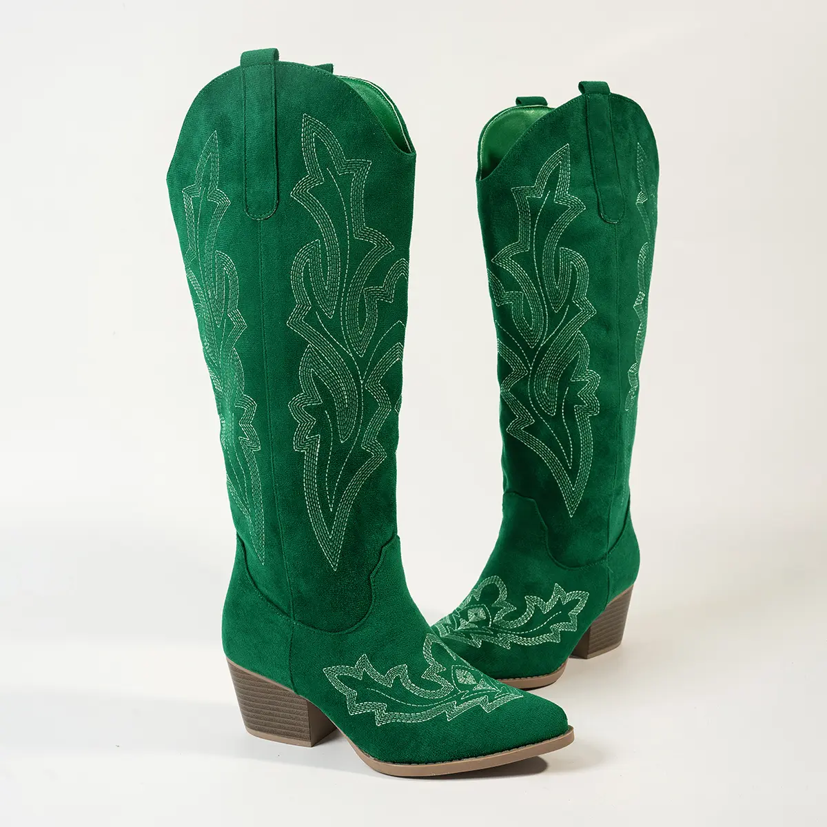 Women's Cowgirl Boots with Floral Embroidery, Over-the-Knee PU Statement Shoes with a Side Zipper and Chunky Block Heel for Cowboy Aesthetic, Footwear, Fabric
