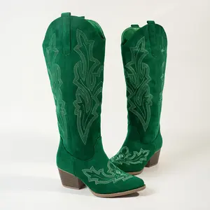 Women's Western-Style Multi-Color Embroidered Tall Boots, Suede-Like Fabric + Vintage Floral Pattern Embroidery, Chunky Heel for Stability & Comfort + Side Zipper for Easy On/Off + Over-the-Knee Design for Leg Shaping, Suitable for Everyday Commutes / Cas