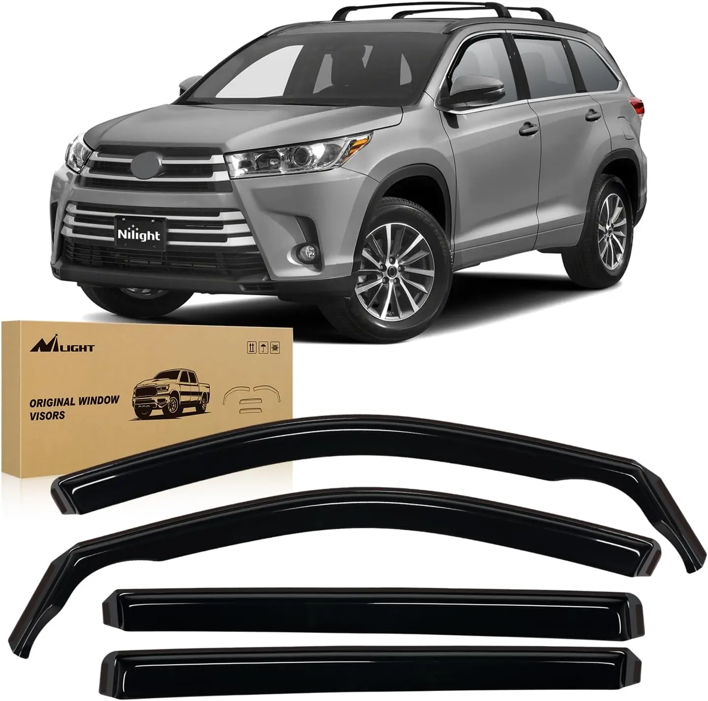 Nilight Chrome Trim Acrylic Car Rain Guards - 4PCS Tool-Free Vent Window Deflectors for Toyota Highlander 2014-2019, Anti-Fog, with Double-Sided Tape & Clips, Exterior Vehicle Accessory for Cars