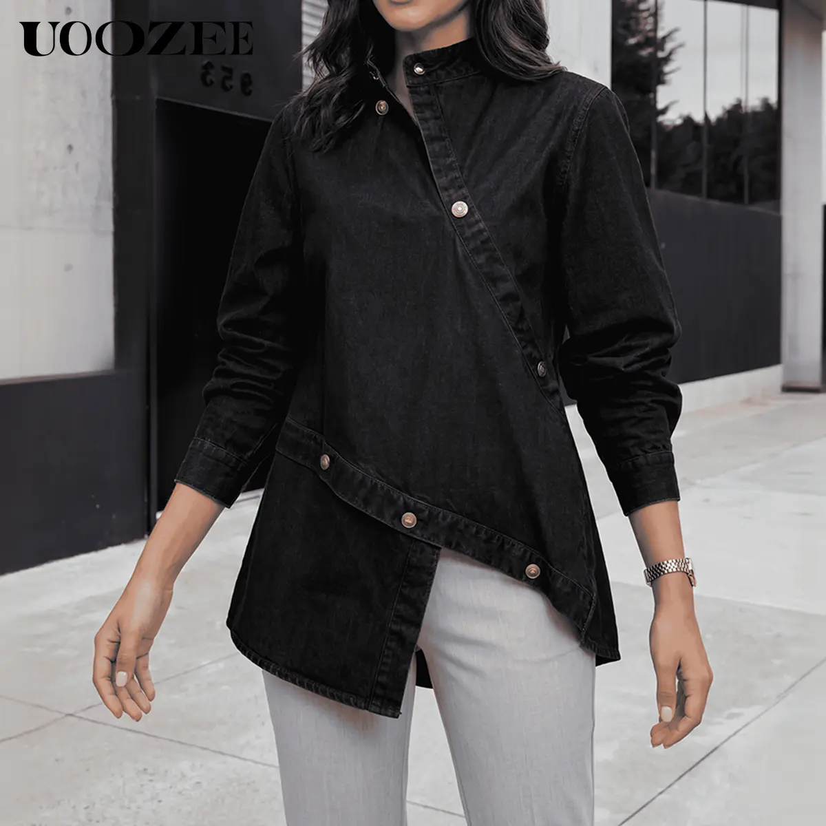 UOOZEE Women's Blouse, Asymmetric High Neck Button Down Shirt in Soft Cotton Blend, Lightweight Statement Top for Casual Workwear & Street Style, Everyday, Polyester, Piece, Minimalist