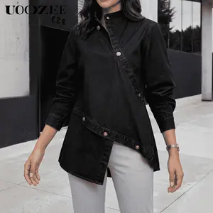UOOZEE Women's Chic Spring Autumn Asymmetric Hem Cotton Blend Button Shirt, High Neck Long Sleeve Blouse, Loose Fit Casual Streetwear Top, Size Down for Slim Look