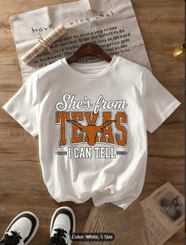 [Texas Graphic Tee] She Is from Texas Graphic Print T-Shirt - Women's Short Sleeve Crew Neck Casual Top for Summer And Spring Clothing Sourced from YIEMIER