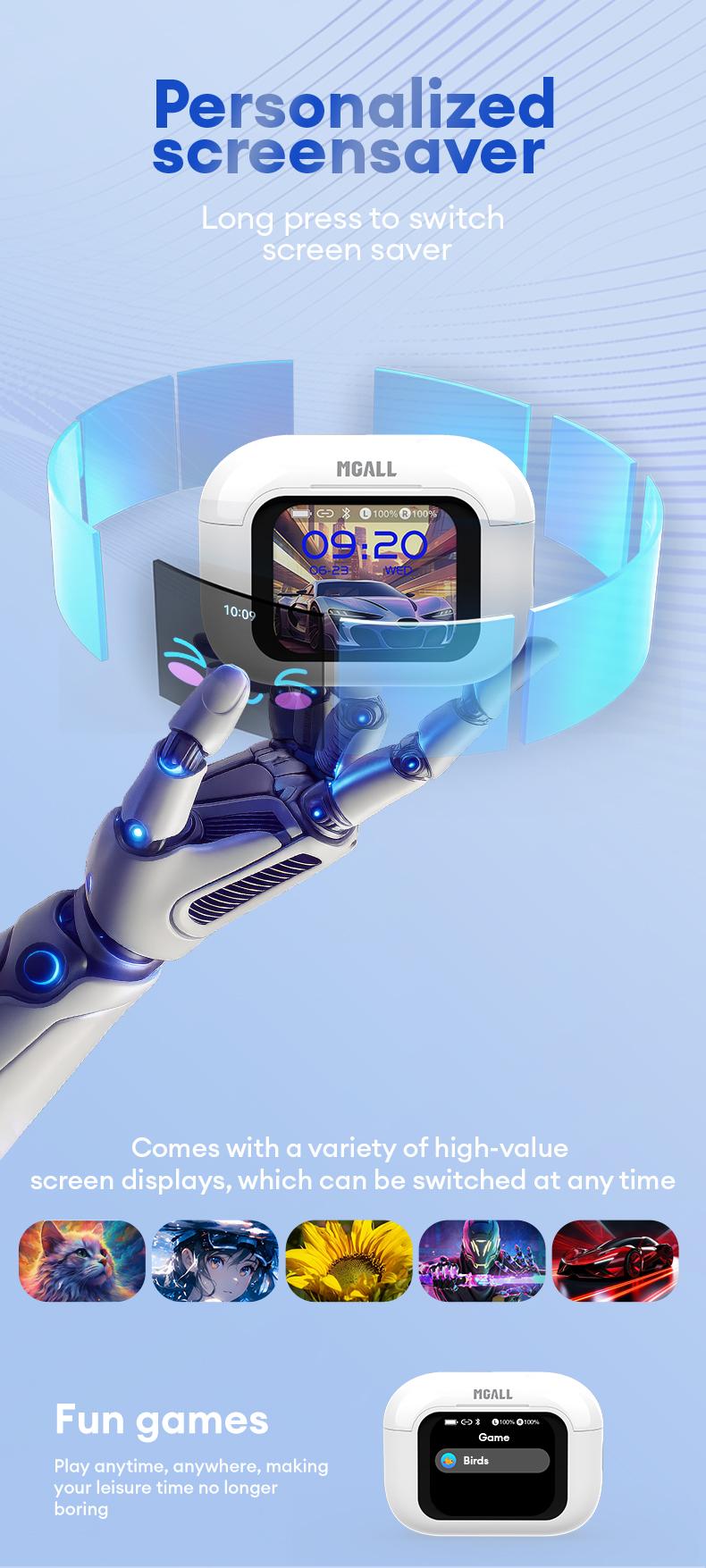 MGALL Y49 Multifunctional Wireless Headphones with Bluetooth 6.0, Colorful LCD Smart Touch Screen, Personalized Screensaver, Hi-Fi Sound, IPX5 Waterproof, Ideal for Office, Study, Sport & Calls