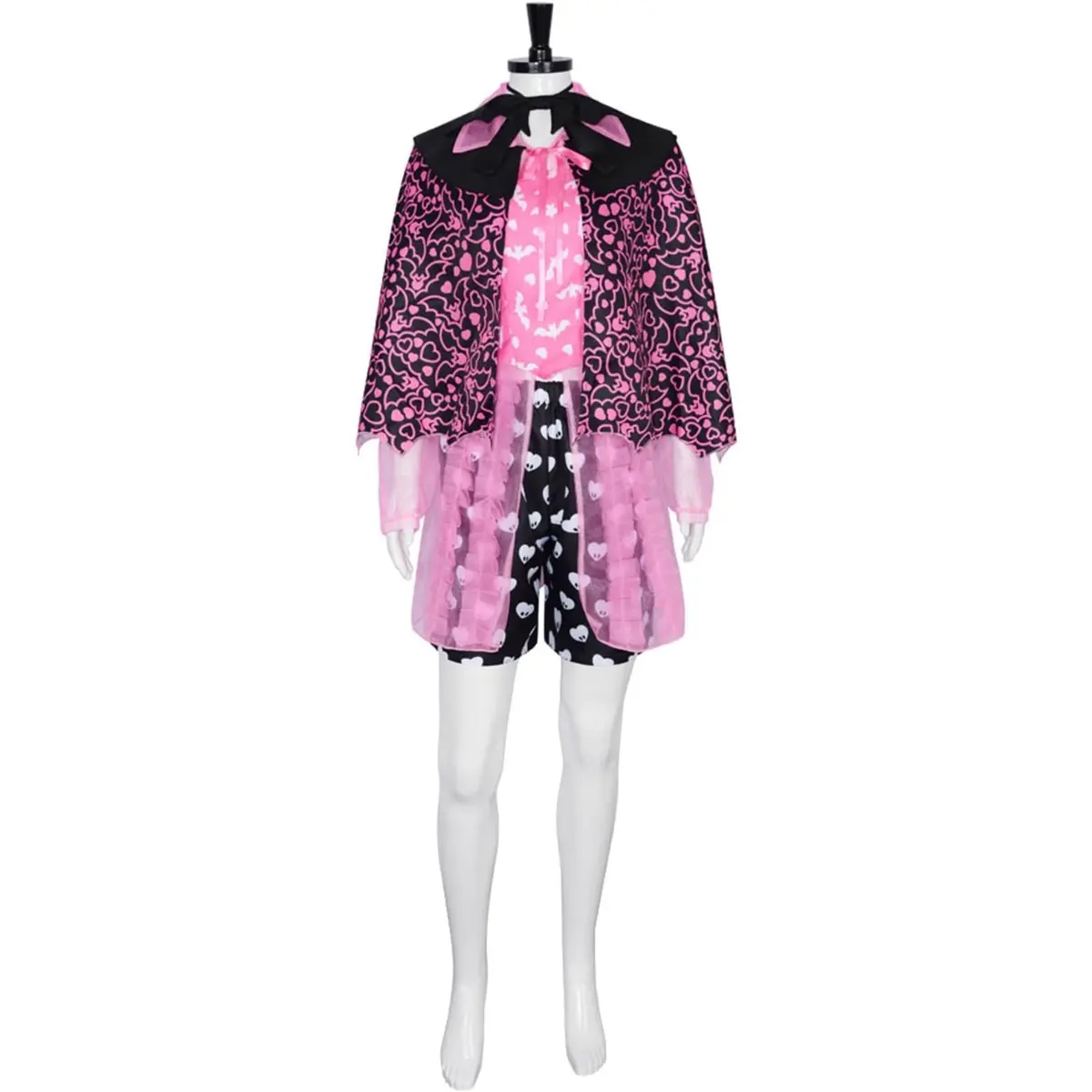 Draculaura Pink Bat Print Sleeveless Top Tulle Jacket Black Heart Shorts Cosplay Costume Set for Comic Con