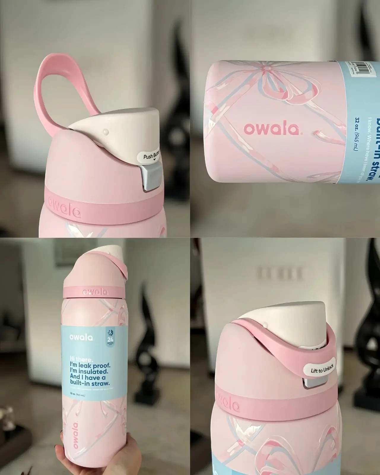 NEW 2026] Owala FreeSip 32oz Pink Bow Stainless Steel Water Bottle