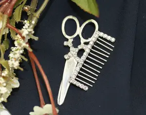 SCISSORS/COMB (Crystal/Silver) Rhinestone Brooch Pin, Hair Solon Accessories,  Hairdresser Pin Stylist