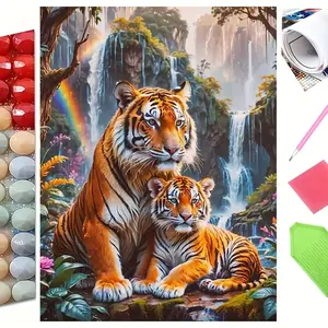 Tiger Family in Tropical Rainforest with Waterfall & Rainbow 5D Full Drill Diamond Painting Kit – Majestic Wildlife Design with Shimmering Orange & Green Accents – Exotic Nature Art DIY Wall Decor – Ideal Gift for Animal Lovers & Craft Enthusiasts
