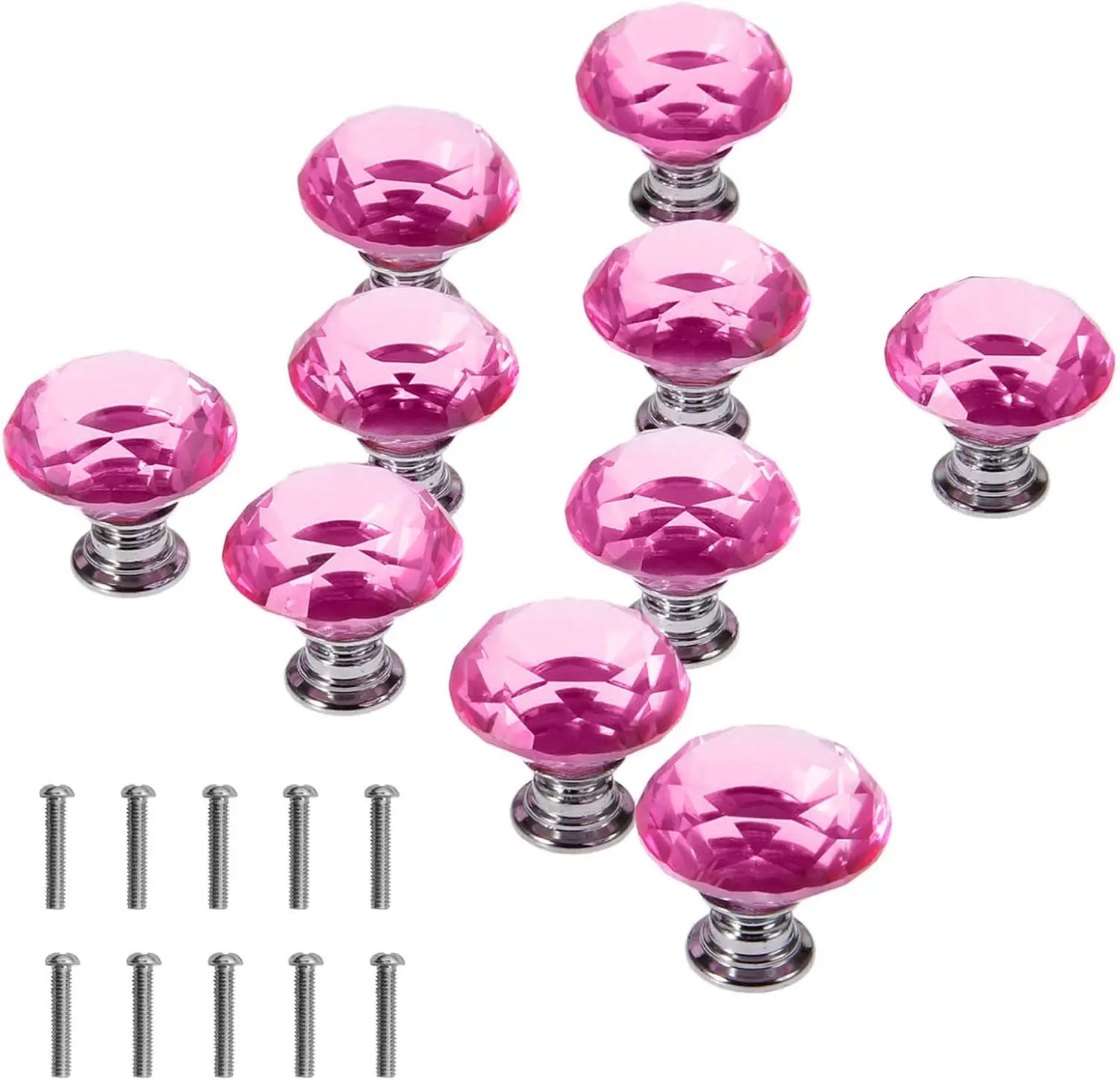 10-Pack 30mm Millimeters Faceted Glass Crystal Cabinet Knobs - Diamond-Shape, Artistic, Durable Drawer Pulls Handles with Screws, Easy Install for Kitchen Cabinets, Dresser Cupboards