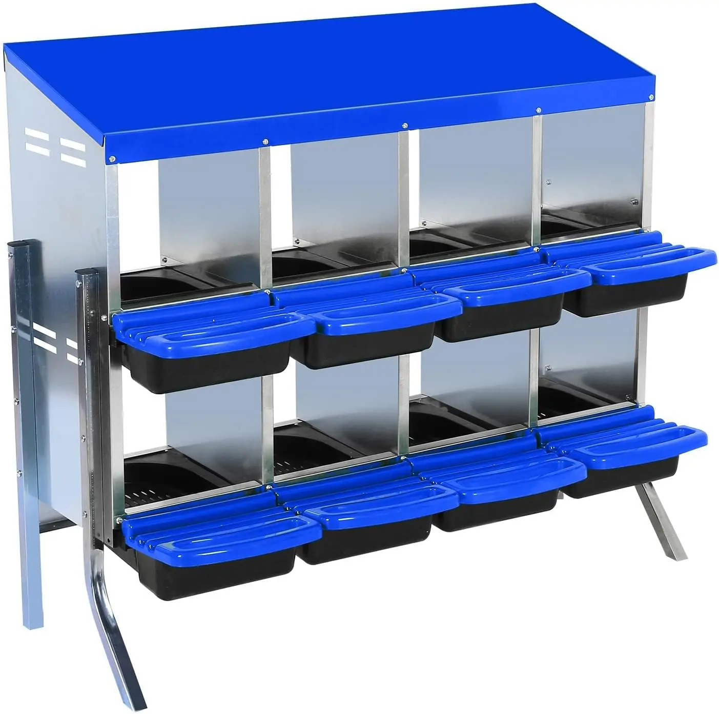 Chicken Nesting Boxes, 8 Hole Metal Chicken Laying Box with with Removable Trays and Roll Out Egg Collection for Chicken Coop, with Metal Bracket, Blue