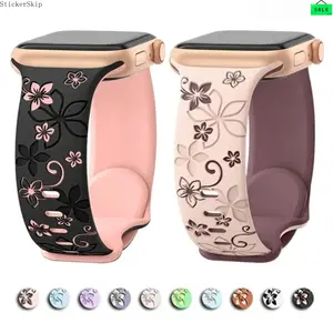 Floral Engraved  Compatible with Apple   41mm 40mm 44mm 45mm 42mm 38mm 46mm 49mm for Women,Cute Flower iWatch  Soft Silicone Sport Strap for iWatch Series SE 10 9 8 7 6 5 4 3 2 1 Rubber Silicone   with Buckle Personalized Weara   woman Wearable Black/Pink