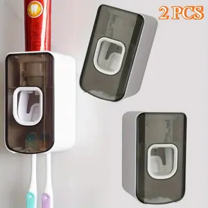 2pcs grey 2 Slot Toothbrush Holder and Toothpaste Dispenser Wall Mounted, Automatic Toothpaste Squeezer, 2 in 1 Tooth Brush Toothpaste Organizer for Shower Cover