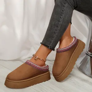 Platform Slippers for Women Fleece Lining, Ethnic Trim Warm Mini Snow Boots Comfortable & Chic Indoor Outdoor Shoes