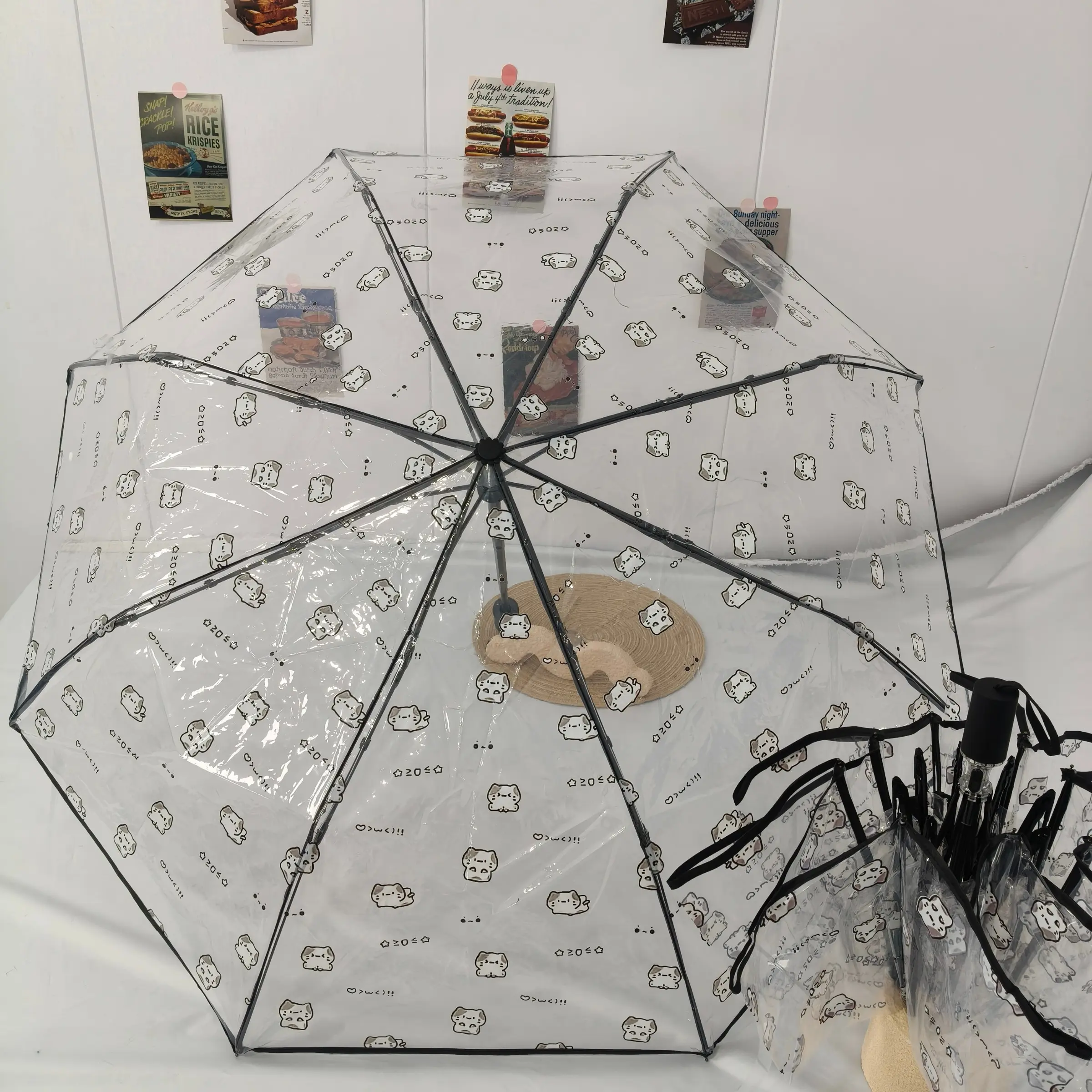 Cute Cat Print Transparent Folding Umbrella, Portable Reinforced Frame, Windproof Rainproof, Suitable for Travel Photography, Whimsical Umbrella, Portable Foldable Umbrella
