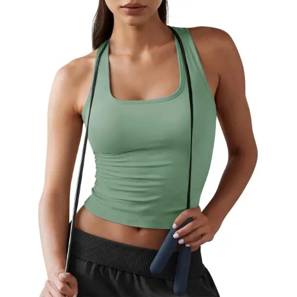 Fisoew Women's Square Neck Sleeveless Polyamide Active Tank Top - Built-in Bra, Racerback, Fitted Y2K Sporty Chic Workout Crop Top