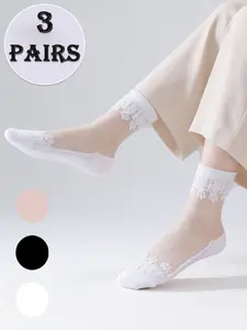 3 pairs of women's spring and summer thin jacquard glass fiber knee-high stockings with breathable and anti-snagging crystal silk stockings (random delivery) Casual Comfy Socks Womenswear
