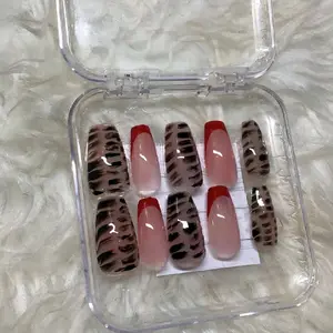 Black and Red Press-On Nails with Leopard Print Design for Stylish Manicure