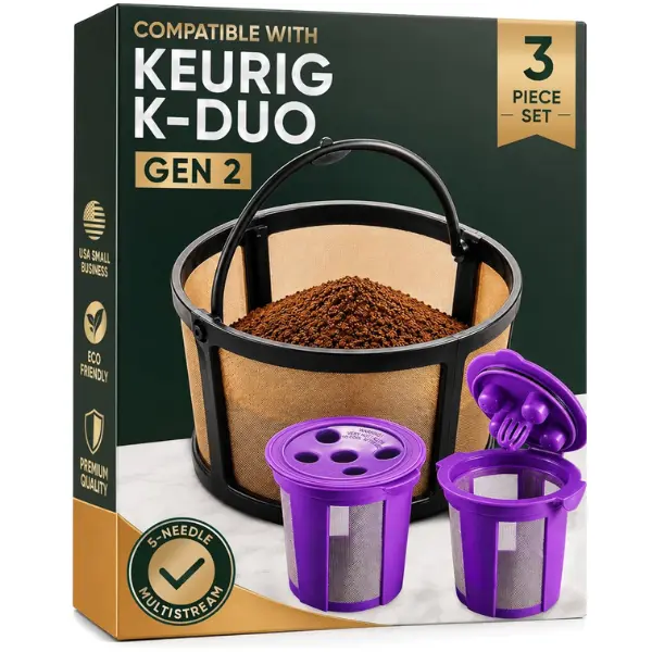 Reusable Mesh Coffee Filter Basket for Keurig K Duo Coffee Maker (Gen 2) and Keurig K-Duo Essentials, With 2 Refillable K Cups Pod by PureHQ - Gold Tone Carafe Replacement Filter - Value Pack