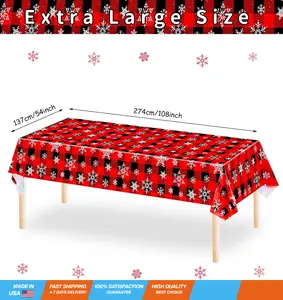 3 Pieces Red and Black Buffalo Plaid Merry Christmas Party Tablecloth Decorations,Plastic White Snowflake Buffalo Plaid Sign Table Cover for Winter Christmas Holiday Party Supplies,54x108 inch