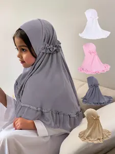 Muslim Headscarf for Girls Aged 2-6, Easy-To-Wear Lace Design, Ramadan Clothing, Solid Pattern, Casual Style, All Seasons