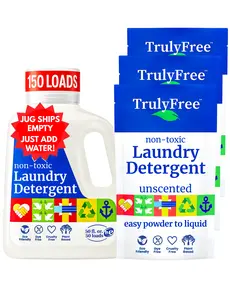 Truly Free Laundry Detergent - Non-Toxic, Unscented, Sensitive Skin & Baby Safe - Eco Kit: Includes Empty Jug + 3 Concentrate Pouches (Just Add Water) - 150 Loads