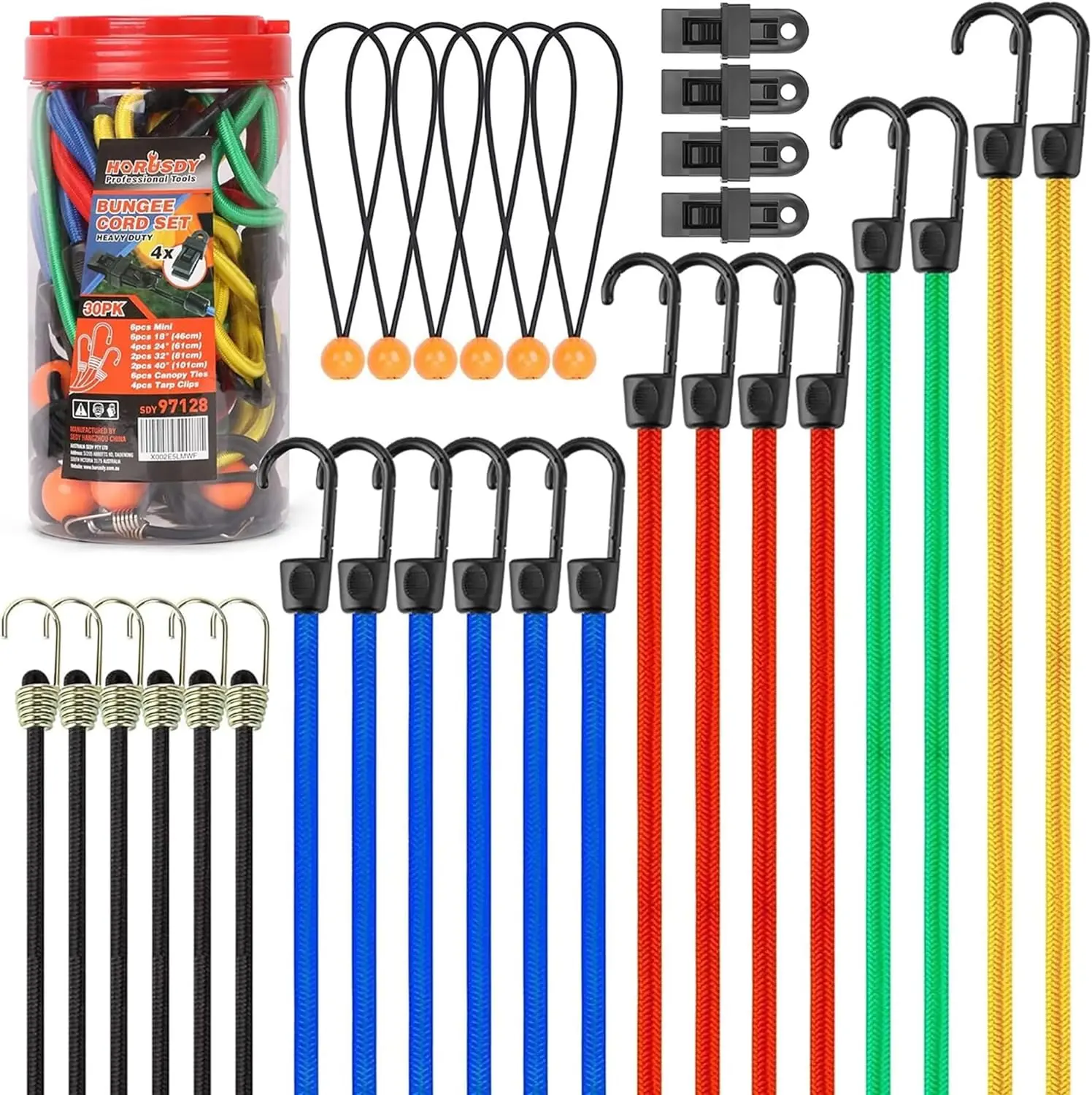 30-Piece Premium Bungee Cords Assortment Jar, Includes 10”,18”,24”,32”,40” Bungee Cords, 8”Canopy/Tarp Ball Ties and Crocodile Mouth Tarp Clips.