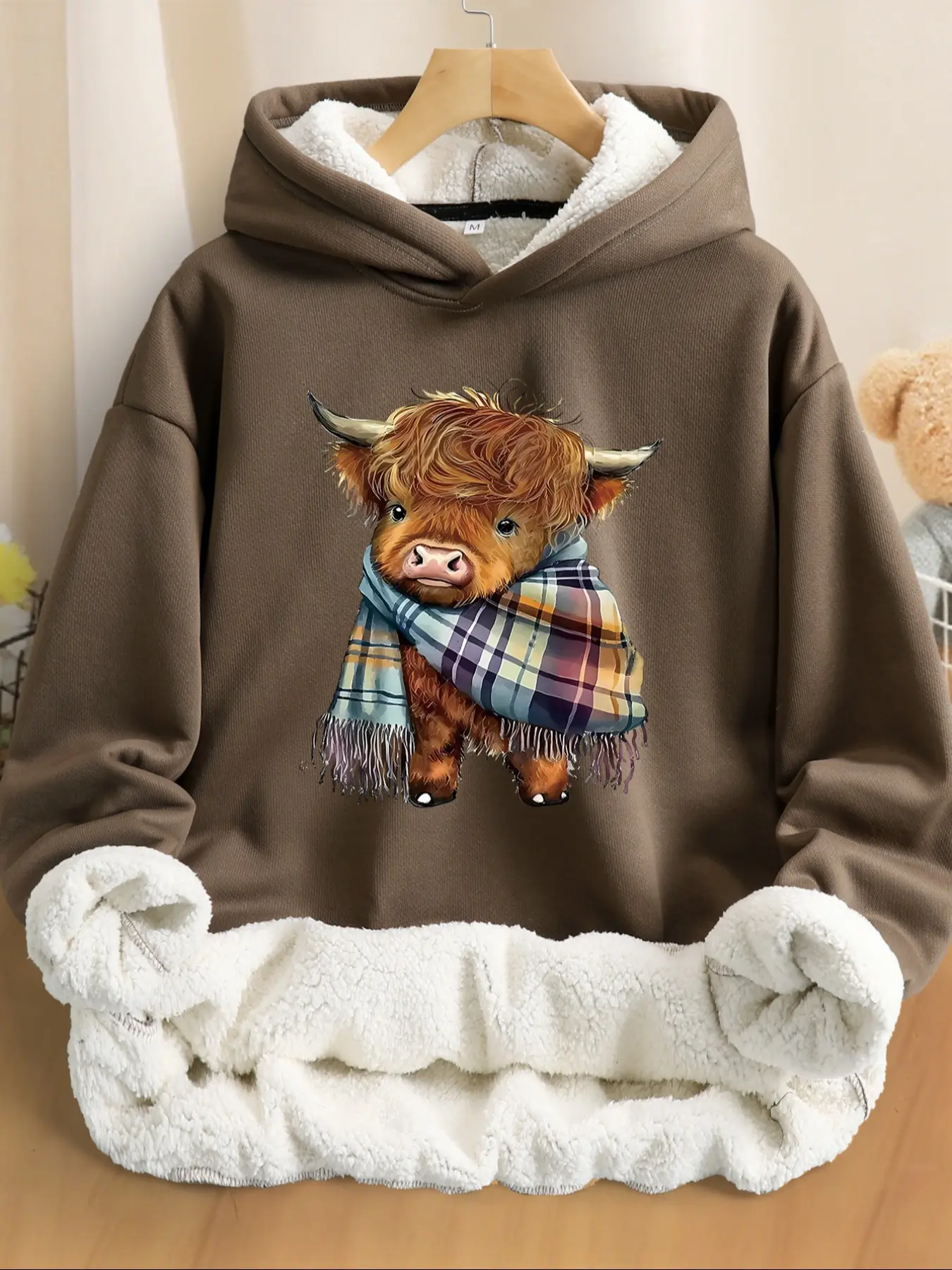Unisex Winter Hooded Sweatshirt, Long Sleeve, Lamb Fur Thick Coat, Cow Print Scarf, Warm Anti-Cold, Street Style Fitted Jacket, Casual Streetwear Sweatshirt, Graphic Casual, Casual Cozy Sweatshirt