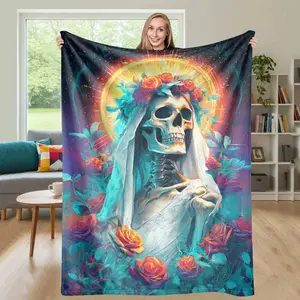 Guatemala Gothic Skull Flannel Blanket Rose Crown Print Super Soft Lightweight Cozy Warm Decorative for Halloween Gothic Parties Mysterious Room or Unique Gift
