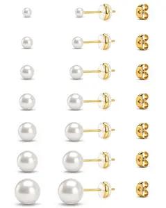 Gold Pearl Stud Earrings Set for Women,  Pairs (–mm), Hypoallergenic with Soft Silicone Comfort Backs, No Hair Pulling, Includes Extra Metal Backs, Classic Minimalist Jewelry