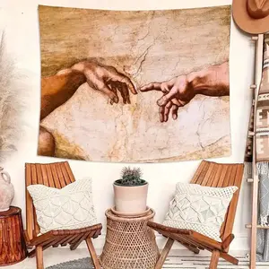 1pc Creation of Adam Tapestry - Michelangelo'S Sistine Chapel Inspired Wall Art, Polyester Peach Light Beige Velvet, 90g/ ㎡     , Ideal for Living Room, Bedroom, Office Decor, Camping & Party Backdrop, Camping Accessory |       Inspirational Wall Art |