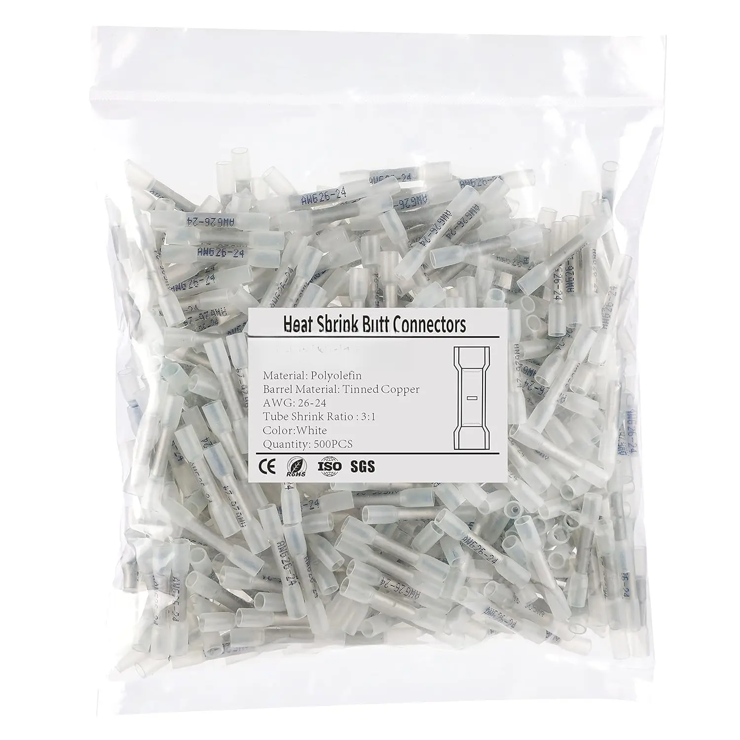500 count White Heat Shrink  Connectors AWG26-24, Marine Grade Heat Shrink Wire Connectors,Tinned Red Copper, Insulated Crimp  Splice Electrical Connectors