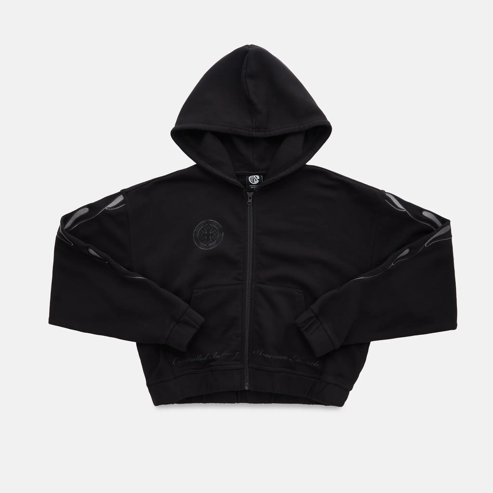 Flame Cropped Hoodie Black | Controlled Insanity | Embroidered Heavyweight Zip-Up | Cropped Gym Streetwear