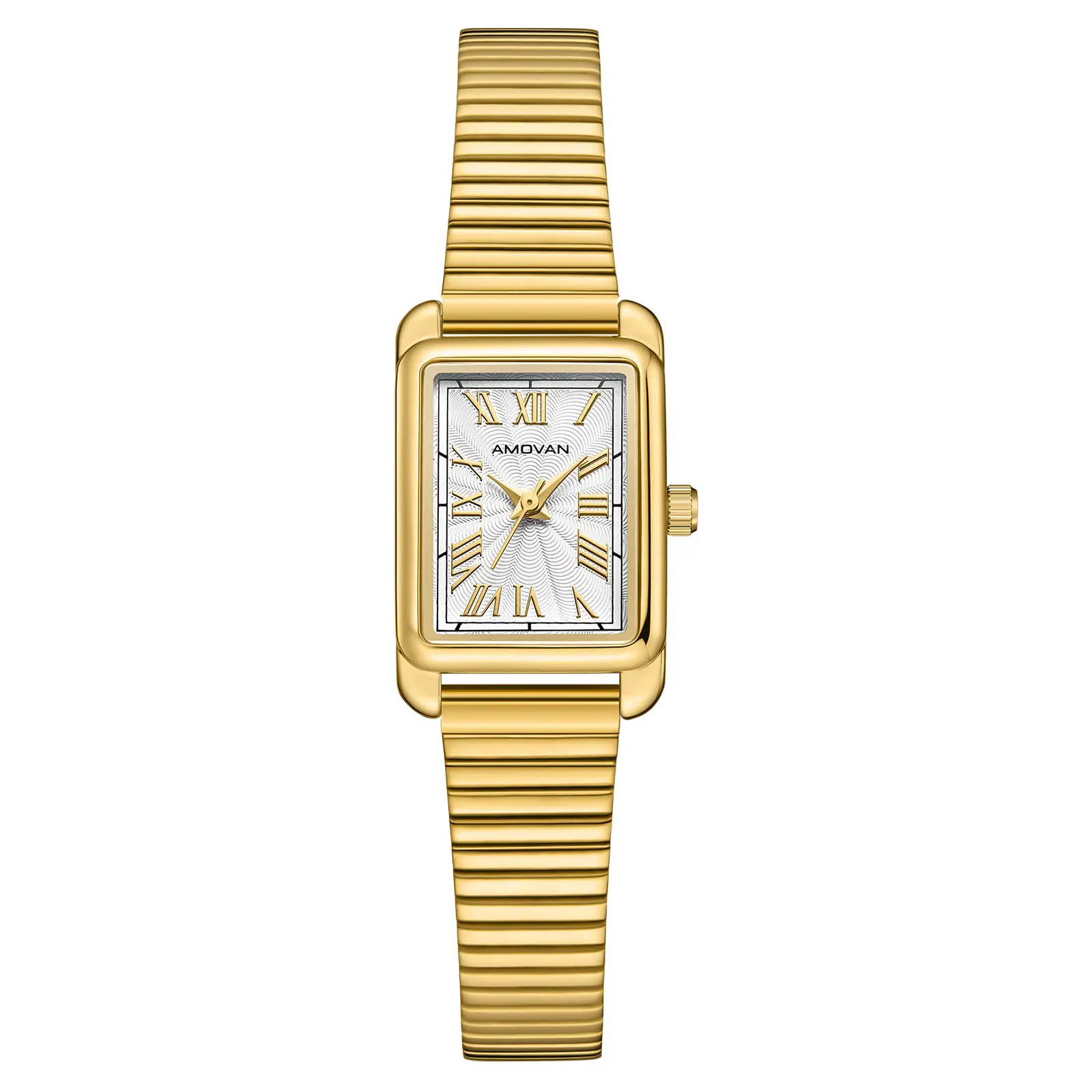 AMOVAN Gold Stainless Steel Mesh Band Watch with Silver Dial and Roman Numerals