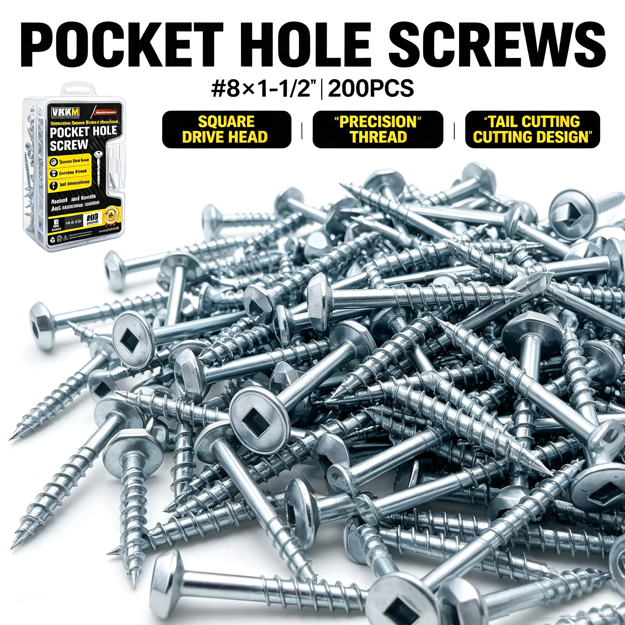 VKKM 200Pcs #8×1-1/2" Pocket Hole Wood Screws Kit with Robertson Bit, Truss Washer Head Coarse Thread Zinc Anti-Rust Screws for Cabinet Furniture Wood Joinery