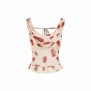 Cider Beige Rose Print Draped Neck Sleeveless Blouse - Back Tie Ruffled Hem Crop Top for Women