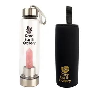 Stylish Gemstone Water Bottle With Rose Quartz Crystal Point, 16 oz, Includes Neoprene Sleeve