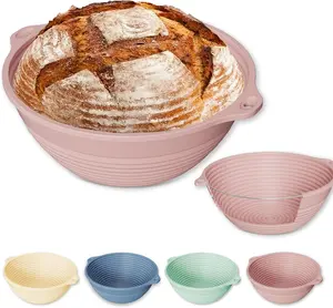 Upgraded 9" Silicone Banneton Bread Proofing Basket 4Pcs - Collapsible Non-Stick Round Dough Proofing Bowl with Handles, Built-In Reinforced Steel Rim, Oven & Dishwasher Safe BPA Free Baking Tool